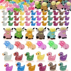 84Pcs Glitter Mini Resin Animal Including Duck Cow Turtles Miniature Decor Glowing Figure Animal Figurine Aquarium Dollhouse Decor for for Craft,Dollhouse,Home Decoratio