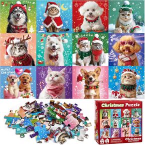 100 Pieces Christmas Puzzle for Kids Age 4-8 4-6 8-10 Christmas Cat Dog Jigsaw Puzzles Gifts Stocking Stuffers for Boys Girls (Cat Dog)