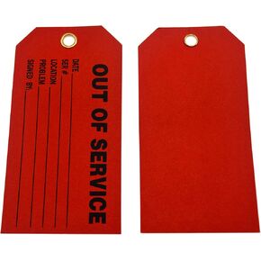 Out of Service Tags, Red cardstock Tags with String 5 3/4x3 inch Equipment Repair Signs with 12 in Cotton String Ties PK100