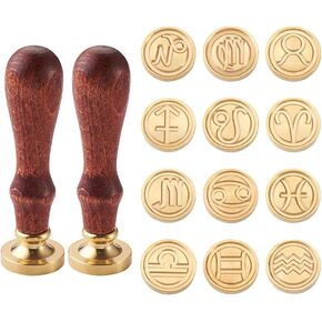 Beadthoven Wax Seal Stamp Set with 12pcs Full Zodiac Signs Constellations Theme Brass Heads & 2pcs Wooden Handles for Letter Envelope Invitation Wedding Cards Embellishment Gift
