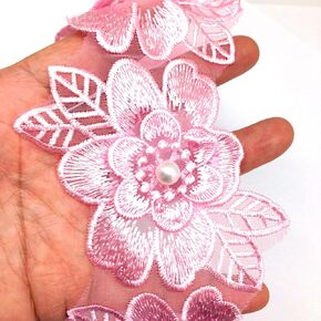 PEPPERLONELY 10PC Gold Pearl Chiffon Flower Embroidered Lace Edge Trim Ribbon, 6.5 x 8cm