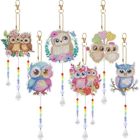 Sitsink Diamond Painting Wind Chimes - 6 Pcs Owl Diamond Painting Kits, Cute Animal Diamond Painting Art Kits, Owl Diamond Painting Suncatchers Crafts Kits, Diamond Painting Art Kits in Saudi Arabia