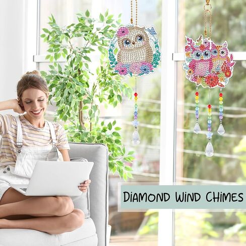 Sitsink Diamond Painting Wind Chimes - 6 Pcs Owl Diamond Painting Kits, Cute Animal Diamond Painting Art Kits, Owl Diamond Painting Suncatchers Crafts Kits, Diamond Painting Art Kits in Saudi Arabia