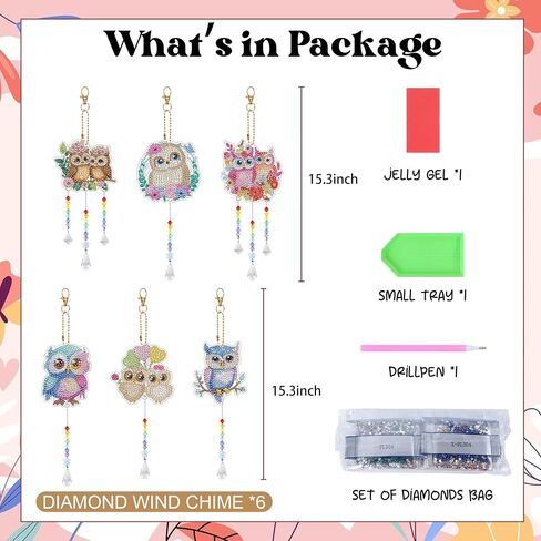 Sitsink Diamond Painting Wind Chimes - 6 Pcs Owl Diamond Painting Kits, Cute Animal Diamond Painting Art Kits, Owl Diamond Painting Suncatchers Crafts Kits, Diamond Painting Art Kits in Saudi Arabia