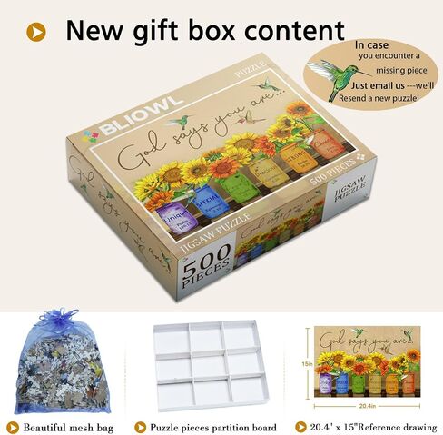 Sunflower Puzzle 500 Piece Puzzles for Adults - Retro Sunflowers and Farmhouse Yellow Flower Hummingbird Animal Inspirational Wooden Jigsaw Puzzles for Family Activities Games - God Says You are in Saudi Arabia