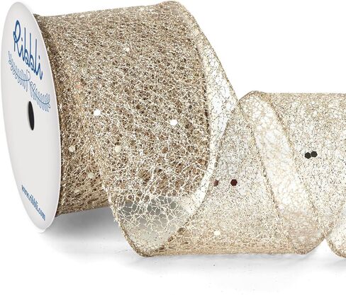 Ribbli Gold Glitter Wired Ribbon for Christmas Tree Fine Mesh Sparkling Ribbon 2.5 Inch x 10 Yard Christmas Wired Ribbon for Gift Wrapping Crafts Wreath Supplies in Saudi Arabia