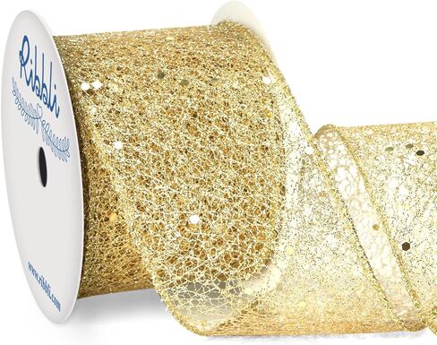Ribbli Gold Glitter Wired Ribbon for Christmas Tree Fine Mesh Sparkling Ribbon 2.5 Inch x 10 Yard Christmas Wired Ribbon for Gift Wrapping Crafts Wreath Supplies in Saudi Arabia