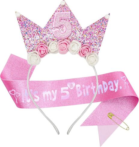 Birthday Girls Headband, Glitter Flower Birthday Crown Sash Set for Girls Princess Birthday Party Decorations in Saudi Arabia