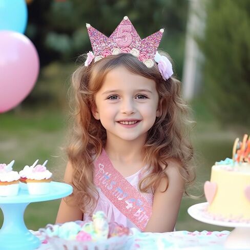 Birthday Girls Headband, Glitter Flower Birthday Crown Sash Set for Girls Princess Birthday Party Decorations in Saudi Arabia
