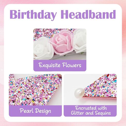Birthday Girls Headband, Glitter Flower Birthday Crown Sash Set for Girls Princess Birthday Party Decorations in Saudi Arabia