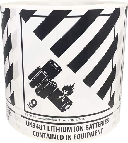 Hazard Class 9 D.O.T. UN3481 Lithium Ion Batteries Contained in Equipment Labels 4 x 4 3/4 Inch Square 500 Adhesive Stickers in Saudi Arabia