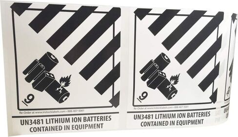 Hazard Class 9 D.O.T. UN3481 Lithium Ion Batteries Contained in Equipment Labels 4 x 4 3/4 Inch Square 500 Adhesive Stickers in Saudi Arabia