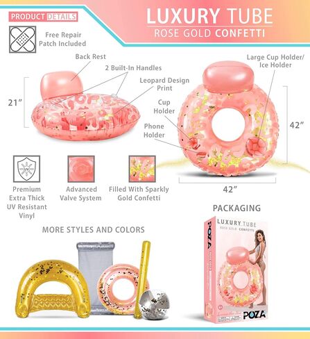 POZA Inflatable Luxury Tube with Back Rest - Big Luxurious Lounger Pool Float Tube Filled with Sparkle Confetti, Built in Phone Holder, Cup Holders, and Handles, Premium Thick Ring - 42 Inch in Saudi Arabia