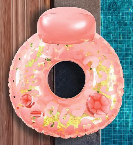 POZA Inflatable Luxury Tube with Back Rest - Big Luxurious Lounger Pool Float Tube Filled with Sparkle Confetti, Built in Phone Holder, Cup Holders, and Handles, Premium Thick Ring - 42 Inch in Saudi Arabia