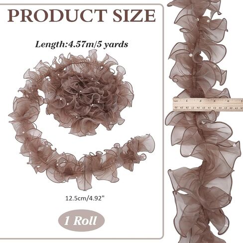 PH PandaHall 5 Yards Organza Lace Ribbon 4.9 inch Wide Pleated Edging Trim Ribbon Ruffled Lace Fabric Ruffled Ribbon with Beads for Sewing Craft Wedding Dress DIY Decor Christmas Tree, Gray in Saudi Arabia