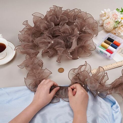 PH PandaHall 5 Yards Organza Lace Ribbon 4.9 inch Wide Pleated Edging Trim Ribbon Ruffled Lace Fabric Ruffled Ribbon with Beads for Sewing Craft Wedding Dress DIY Decor Christmas Tree, Gray in Saudi Arabia