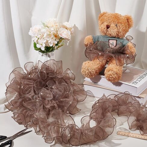 PH PandaHall 5 Yards Organza Lace Ribbon 4.9 inch Wide Pleated Edging Trim Ribbon Ruffled Lace Fabric Ruffled Ribbon with Beads for Sewing Craft Wedding Dress DIY Decor Christmas Tree, Gray in Saudi Arabia