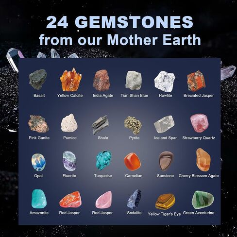 24 Rock Collection for Kids, Rocks Gems & Geodes Maker Lab STEM Kit, Gemstones & Crystals with Learning Guide,Educational Christmas Avent Calendar Geologist's Gift for Boys & Girls in Saudi Arabia