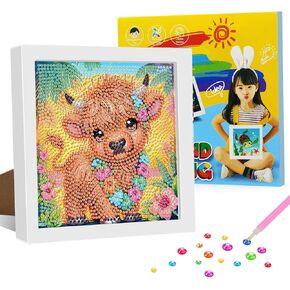 Sretoul Highland Cow Diamond Art Kits for Kids with Frame- Highland Cow Diamond Painting Kits for Kids, Cute Animal Diamond Art for Kids Ages6-8-12 for Home Decoration Gift 7x7Inch