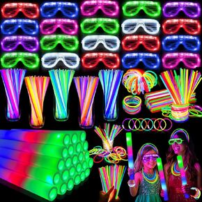 288 PCS New Years Glow Party Supplies Light Up Party Favors with 24 Foam Glow Sticks, 24 LED Glasses and 240 Glow Sticks Bracelets for Glow Party, Wedding, Birthday, New Years Party Decorations