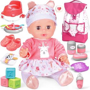 Toy Choi's Baby Doll with Baby Backpack Care PlaySet, 14'' Dolls with Accessories Includes Feeding Set, Pretend Play Toddler Toys for 3 4 5+ Years Old Girls Kids