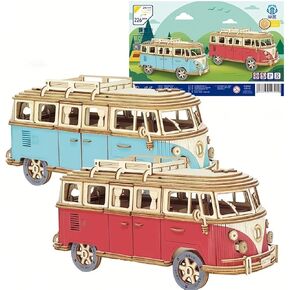 3D Camping Car Wooden Puzzle Model Toy Car Children's Creative Education Toy Home Decoration DIY Assembly Car Model (RED)