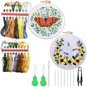 Allazone 2 Sets Embroidery Kit for Beginners, Stitch Practice Kits for Craft Lover Hand Stitch with Embroidery Fabric with Stamped Pattern, Starter Stitch Kits Suitable for Adults (Sunset)