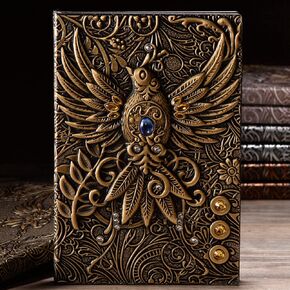 Vintage 3D Phoenix Embossed Leather Writing Travel Journal Daily Notebook, Antique Handmade Office Notebook, 200 Pages Travel Diary Christmas Gift for Men and Women (A5), Red Bronze