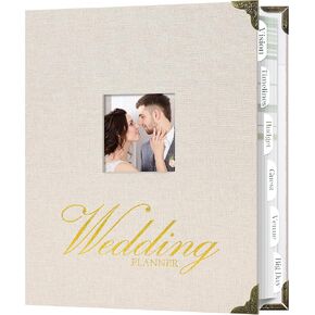 Vienrose Wedding Planner Book Organizer for the Bride, Gold Foil 'Wedding Planner' Linen Cover with Window Wedding Binder Engagement Gifts for Women Wedding Planning Book