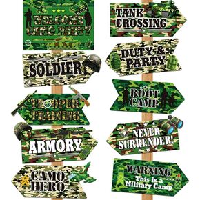 20 Pieces Army Decorations for Party Camo Party Signs Camouflage Decorations Military Decorations Camouflage Birthday Party Supplies for Kids Boys Military Themed Outdoor Indoor Decor, 10 Styles