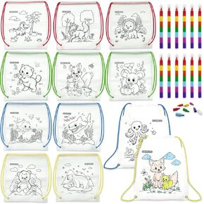 12 PCS colorable drawstring backpack for kids with 12 stackable crayons (7 colors in one), suitable as return gifts for kids, birthday goodie bags for kids and kids art party favor bags