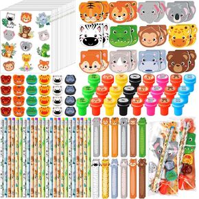 Cholemy 168 Pcs Jungle Safari Party Gift Jungle Party Supplies Safari Animal Stationery Set Notebook Sticker Stamper Eraser Ruler Pencil Bag for Jungle Baby Shower Birthday Party Gift Prize