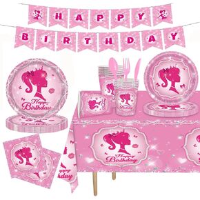 170 Pcs Girl Party Plates for Princess Pink Party Decoration, Serves 24 Guests Plates and Napkins Cup Tablecloth Dinnerware for Princess Doll Theme Girl Birthday Party Tableware (24 Guests)