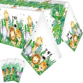 Peryiter Jungle Safari Animals Tablecloth Plastic Wild One Table Cover 54 ×108 Inch Sage Green Tablecloth Safari Theme Decorations for Jungle Party Baby Boys Safari Birthday Party Supplies (3 Pcs)