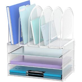 DALTACK Paper Desk Organizer, 3-Tier Letter Tray with 5 Vertical File Holders, Multifunction Desk Organizer, Desktop File Folder Organizer, Desk Organizers and Accessories for Home Office, Black