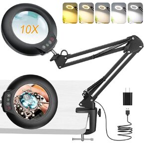 10X Magnifying Glass with Light and Clamp, LED Magnifying Desk Lamp with Swing Arm, 5 Color Modes Dimmable Lighted Magnifier Hands Free for Painting Crafts Jewelry Sewing Hobby Close Work