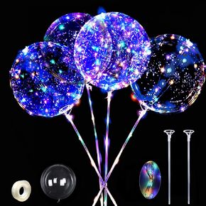 10 Pack LED Balloons,20 Inch Clear Light up Balloons with Sticks,Bobo Balloon Colorful Neon Balloons Glow in the Dark,Helium Bubble Balloons Sets for Party,Birthday,Wedding,Decoration,4 Colors