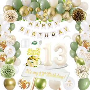 Sage Green 18th Birthday Decorations for Girls, Olive Green and Gold 18th Birthday Decorations Set, Happy Birthday Banner, Crown, Birthday Sash, Confetti Balloons for Girls Party Supplies