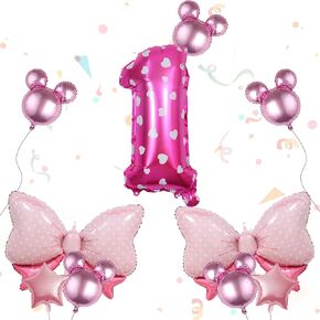 Kaemi 10Pcs Mini Mouse Balloons Pink Huge Bow Birthday Number Balloons Set Aluminum Foil Balloons for Baby Shower 2nd Birthday Party Decorations