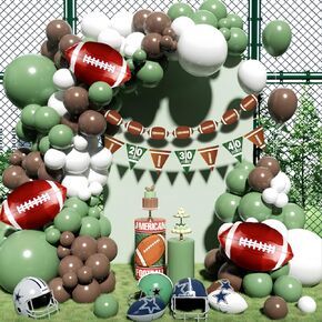 Football Balloon Arch Kit, Football Party Decorations Favors Banner, First Year Down Football Birthday Party Decorations, Superbowl Party Decorations 2025 with Sage Green and Coffee Brown Balloons