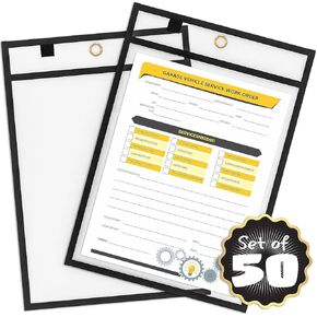 Scribbledo Job Ticket Holders 9x12 (50 Pack) Work Order Plastic Sleeves Clear Folders for Documents Paper Sleeve Hanging Clear Folder Sleeves Black Dry Erase Plastic Sleeves for Documents Shop Holder