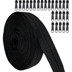 BEAUTOPE 10 Yards #5 Zippers for Sewing Nylon Coil Zipper Replacement Sewing Zipper with 25 PCS Zipper Sliders for DIY Sewing Bag Jacket(Black)
