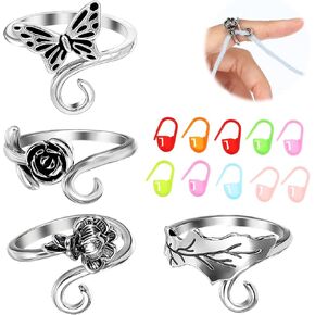 YUXIANLB 4Pcs Adjustable Crochet Yarn Tension Ring for Crocheting, Crochet Tension Ring, Animals Plants Crochet Ring for Finger, Finger Yarn Guide Knitting Tension Rings