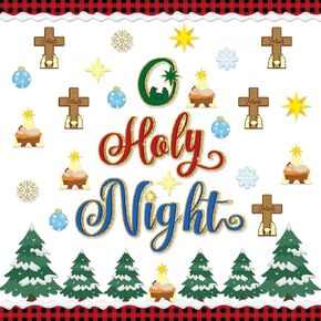 86Pcs Christmas Nativity O Holy Night Bulletin Board Decoration Christmas Trees Cross Cutouts and Snow Plaid Bulletin Borders Christian Religious Sunday Wall Decor for Classroom Preschool Chalkboard