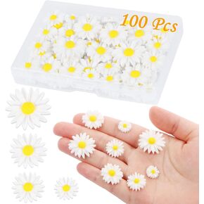 MIKIMIQI 100 Pcs Resin Daisy Decor Daisy Embellishment Epoxy Flowers Craft Decorations with Storage Box Daisy Charms for Women DIY Craft Wreath Scrapbooking Party Home Decors, 4 Sizes (White)