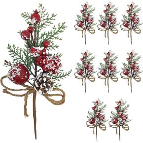 BANBERRY DESIGNS Christmas Pinecone Berry Picks - Set of 9 - White Flocked Berries & Apple - Snow Tipped Pinecone with Greenery - Xmas Craft Accessory - 10.25" H