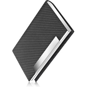 Business Card Holder for Men or Women, Durable Metal Business Card Case Wallet with Weave Pattern Leather Name Credit Name Card Holder with Magnetic Closure, Black