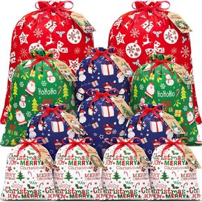 12PCS Christmas Gift Bags Assorted Sizes Bulk, Holiday Gift Bags with Tags, Large Medium Small Xmas Gift Bags, Fabric Christmas Wrapping Bags Drawstring Gift Bags for Presents Party Favors Sack