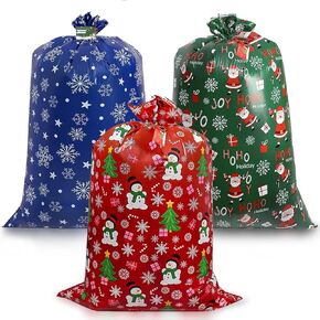 Large Christmas Gift Bags 3Pcs (36"x44") Jumbo Oversized Plastic Reusable Xmas Gift Bags with Tag and String, Extra Huge Snowman Snowflakes Santa Durable Giant Gift Bag for Party Presents Wrapping