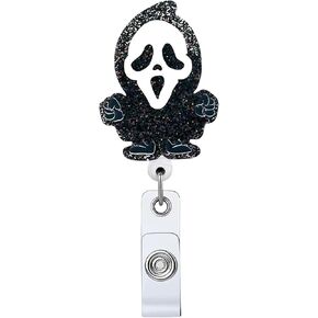 Halloween Ghost Face Retractable Badge Reel, Black Spooyk ID Clip Name Tag Card Gift for Nurses Medical Assistant Nursing Doctor Office Worker Teacher Student Alligator Clip